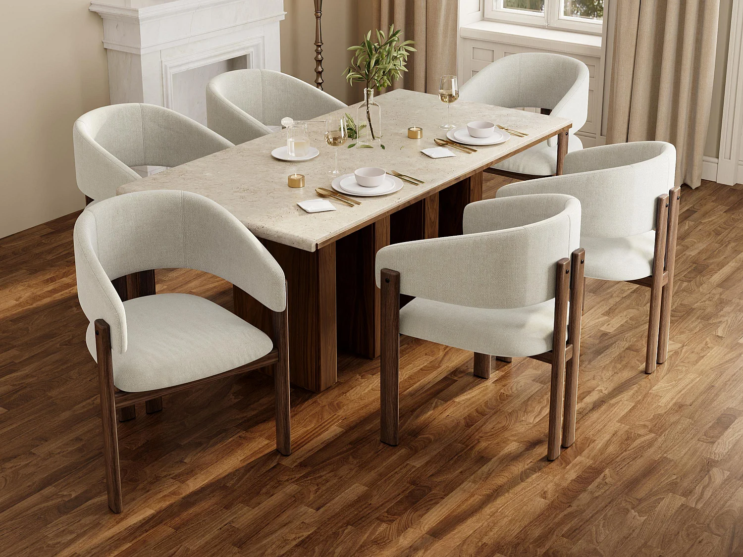 Set van 6 metalen stoelen in houtlook - Met armleuningen - Metalen frame - Linnen stof beige - Bruin