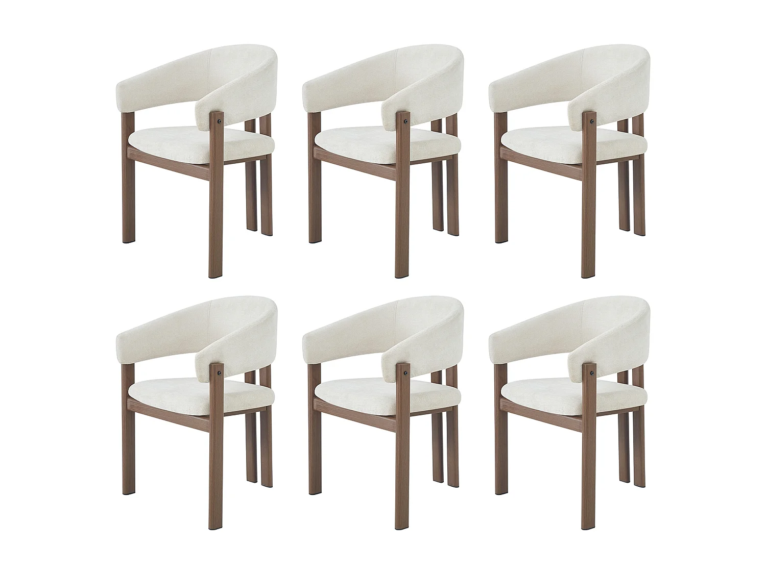 Set van 6 metalen stoelen in houtlook - Met armleuningen - Metalen frame - Linnen stof beige - Bruin