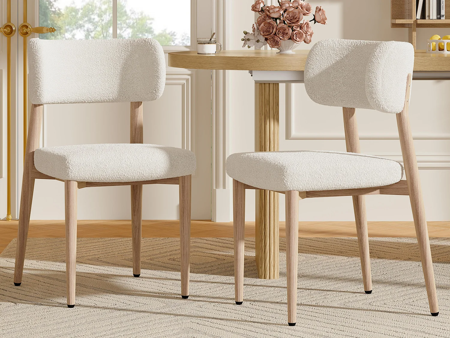 Satz mit 2 Metall-Stühlen - Holzoptik - Bouclé-Stoff beige - Weiches Sitzkissen - Natur