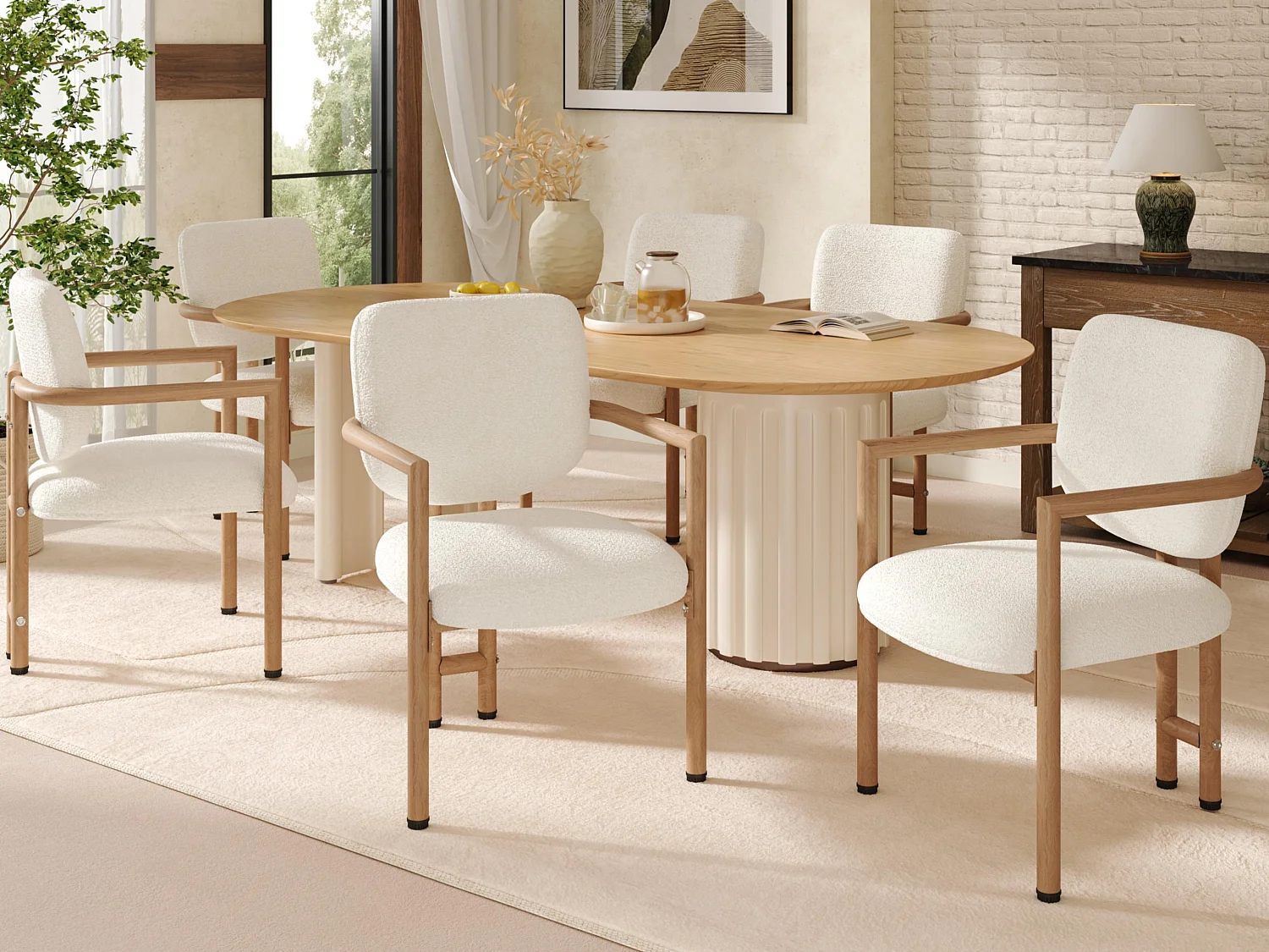 Set van 6 metalen stoelen in houtlook - Met armleuningen - Metalen frame - Bouclé stof beige - Natuurlijke kleur