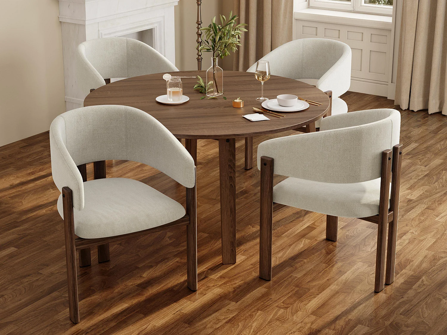 Set van 4 metalen stoelen in houtlook - Met armleuningen - Metalen frame - Linnen stof beige - Bruin