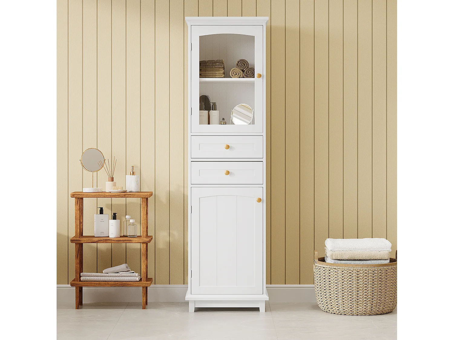 Badezimmerschrank 45x36x160cm - 2 Schubladen und 2 Türen - höhenverstellbare Einlegeböden - goldene Griffe - MDF - weiß