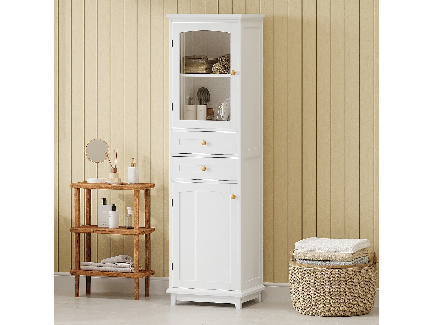 Badezimmerschrank 45x36x160cm - 2 Schubladen und 2 Türen - höhenverstellbare Einlegeböden - goldene Griffe - MDF - weiß