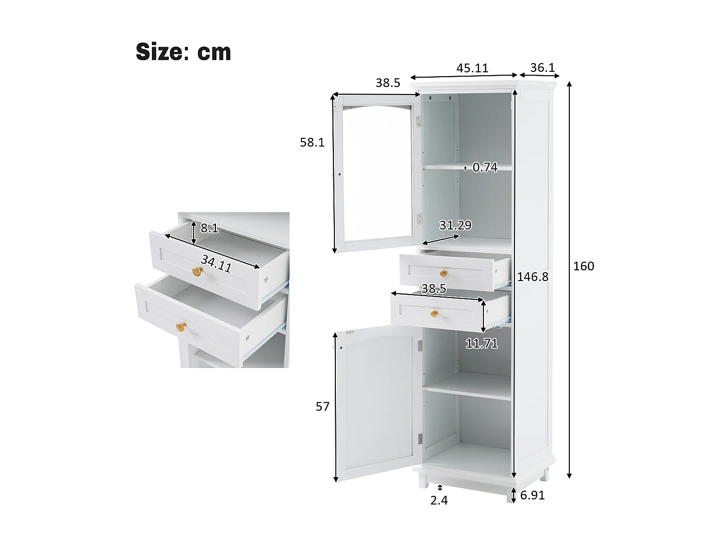 Badezimmerschrank 45x36x160cm - 2 Schubladen und 2 Türen - höhenverstellbare Einlegeböden - goldene Griffe - MDF - weiß