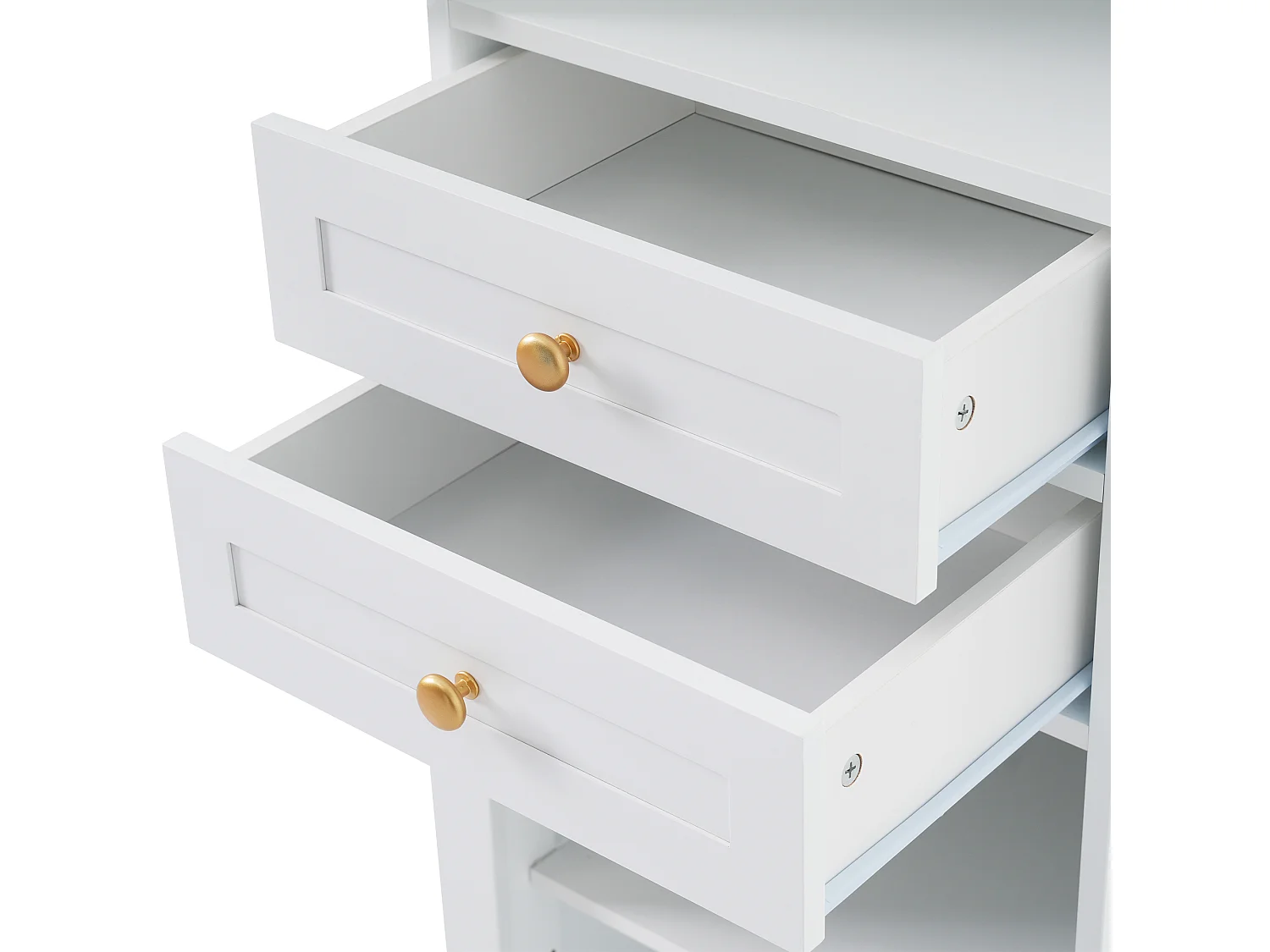 Badezimmerschrank 45x36x160cm - 2 Schubladen und 2 Türen - höhenverstellbare Einlegeböden - goldene Griffe - MDF - weiß