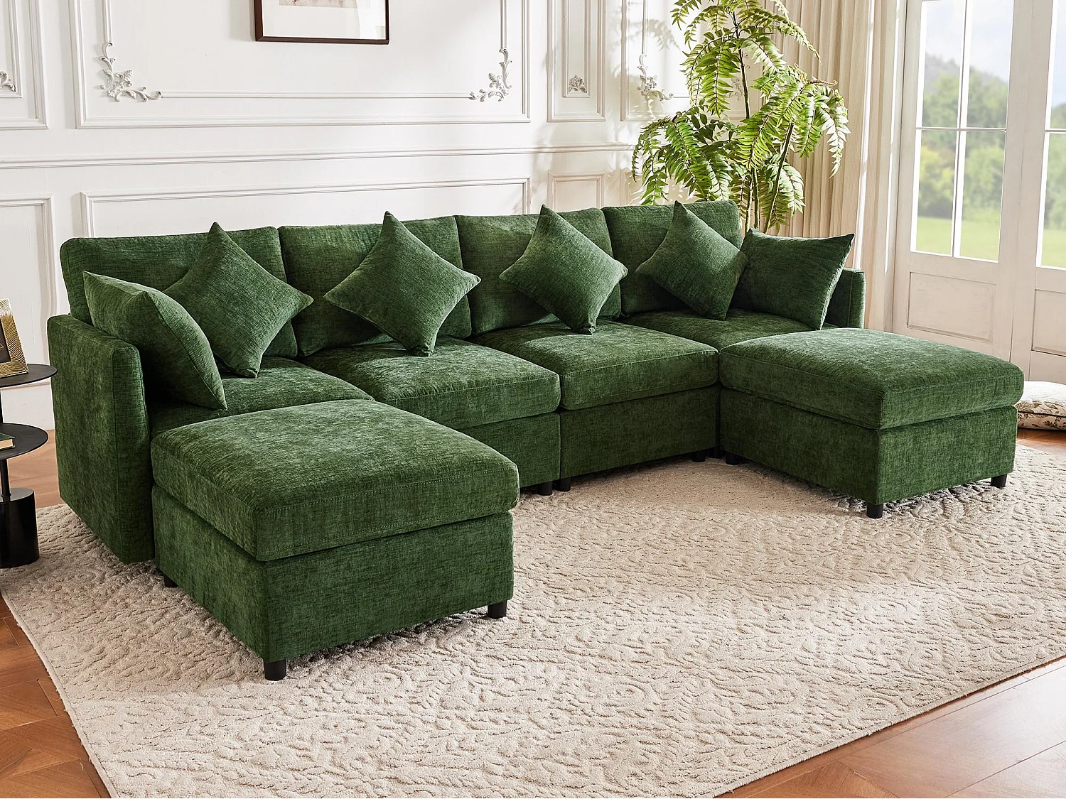 Sofá moderno - 4 lugares - conversível em U e L - con 2 descansos para pés + 6 almofadas - tecido de chenille - verde