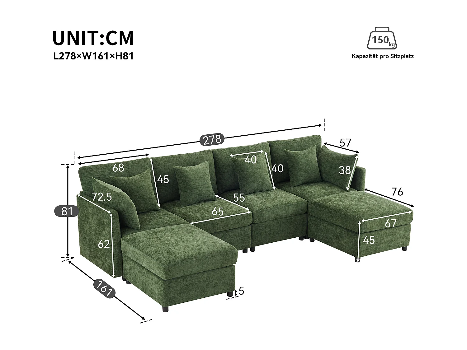 Sofá moderno - 4 lugares - conversível em U e L - con 2 descansos para pés + 6 almofadas - tecido de chenille - verde