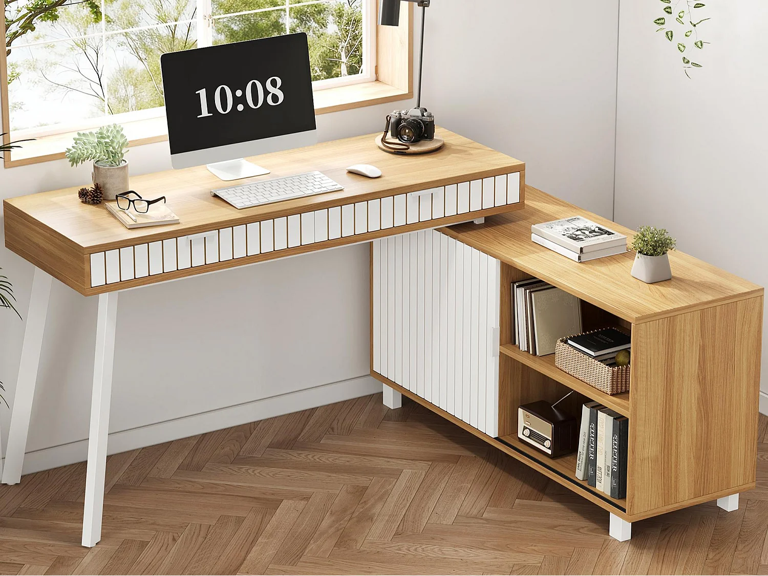 Eck-Schreibtisch 140x120x76,5 cm - 2 Schubladen und 1 Schiebetür - MDF+Metall - Natur + weiß