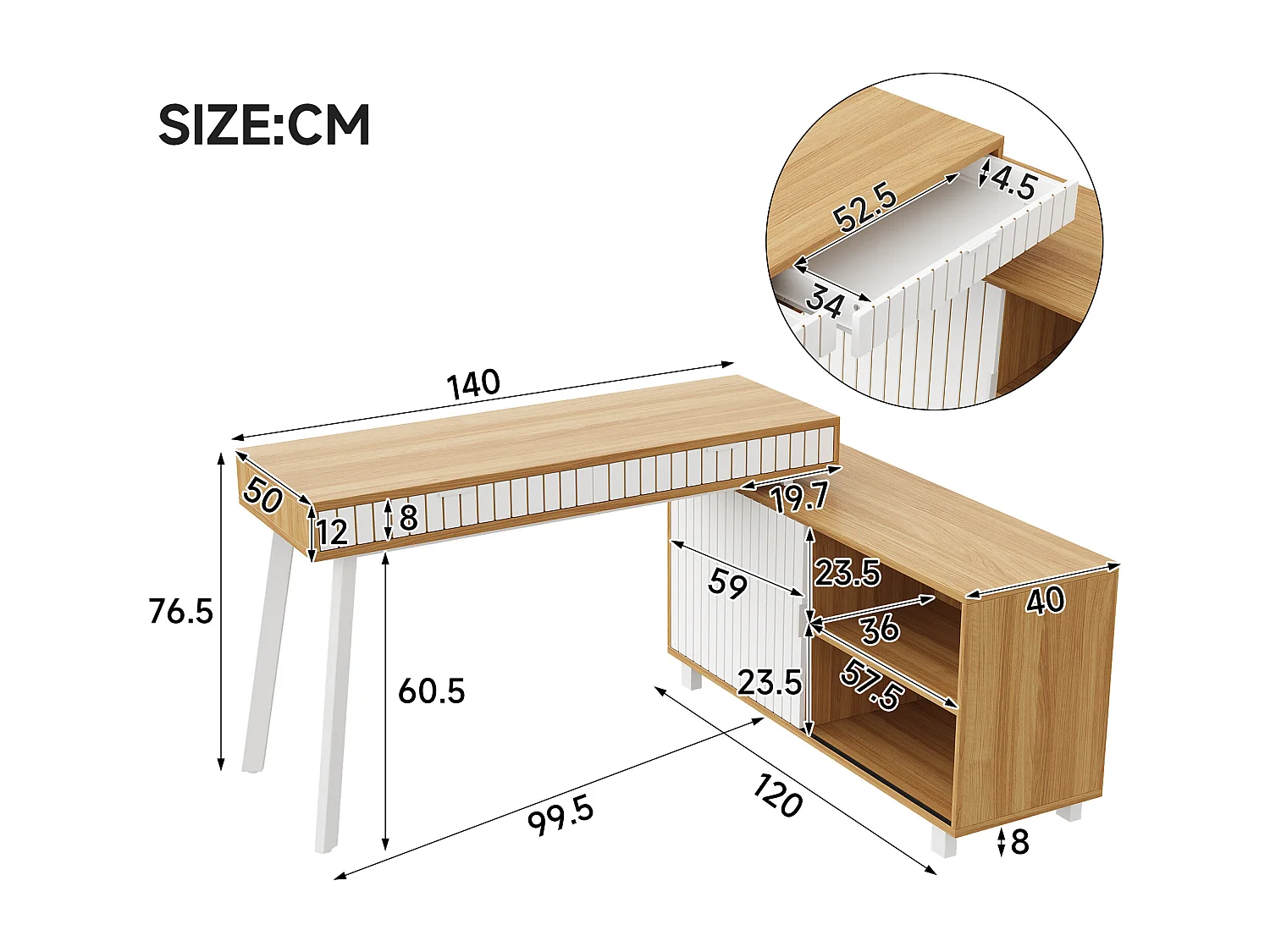 Eck-Schreibtisch 140x120x76,5 cm - 2 Schubladen und 1 Schiebetür - MDF+Metall - Natur + weiß