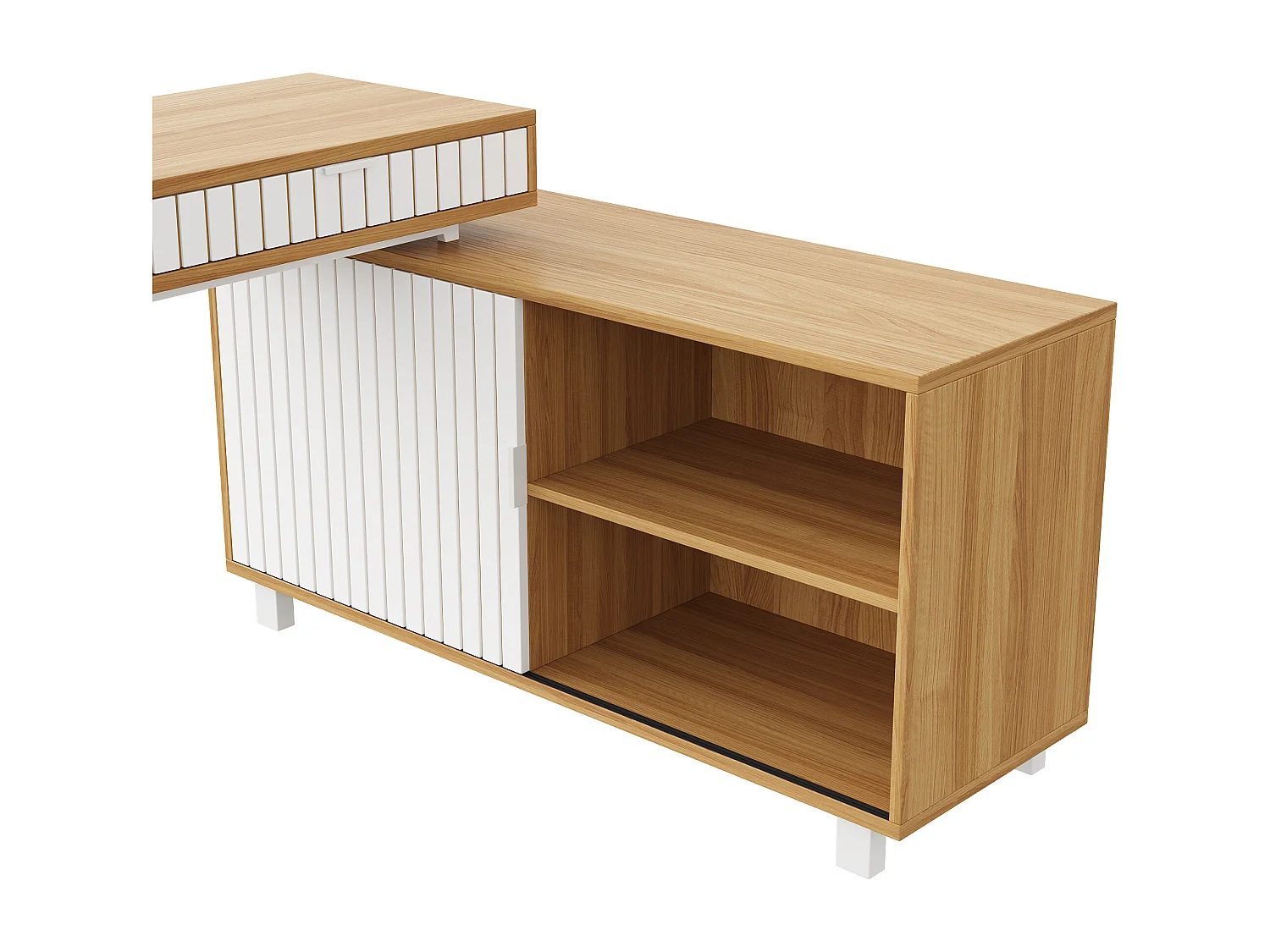 Eck-Schreibtisch 140x120x76,5 cm - 2 Schubladen und 1 Schiebetür - MDF+Metall - Natur + weiß