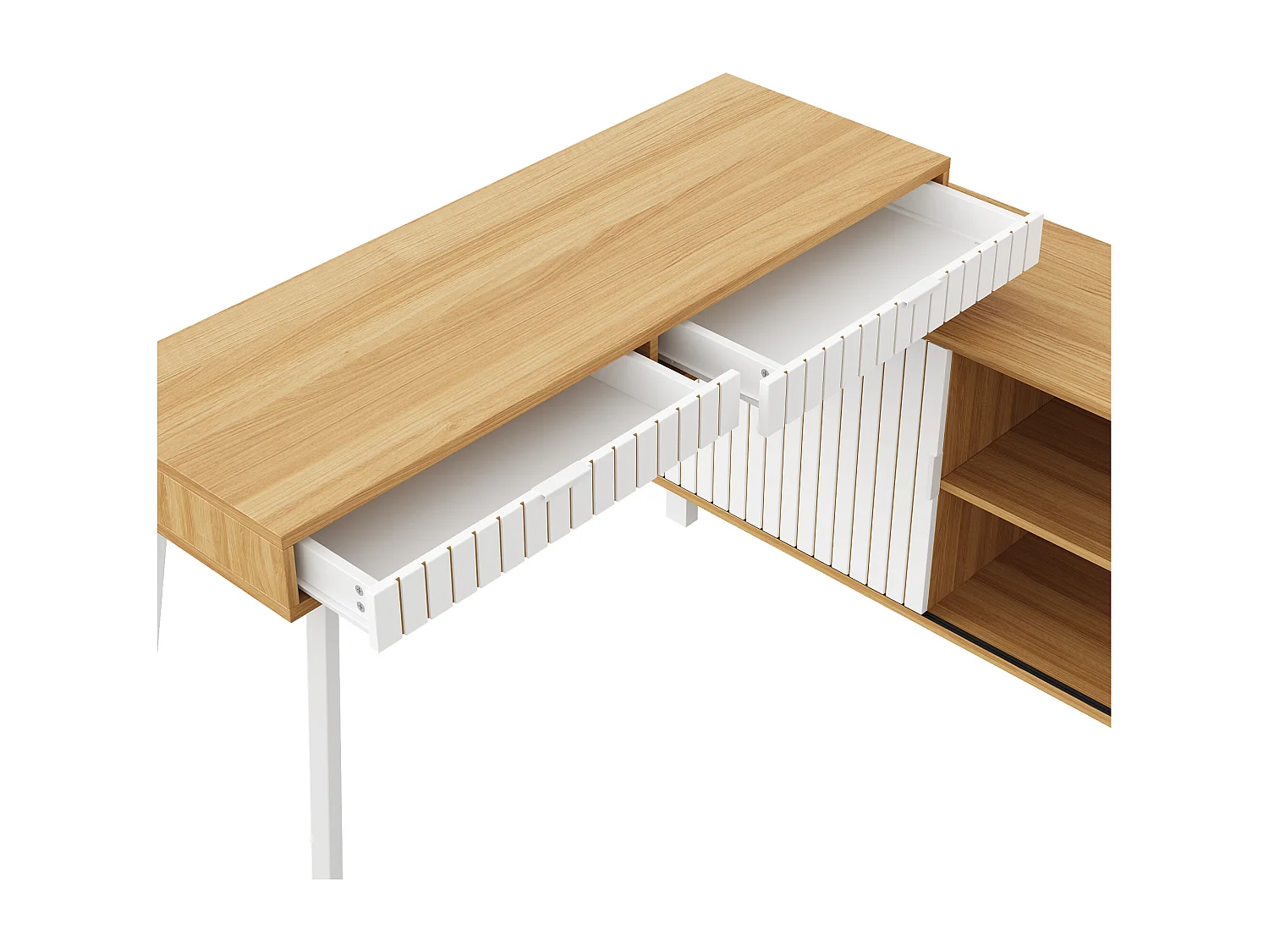 Eck-Schreibtisch 140x120x76,5 cm - 2 Schubladen und 1 Schiebetür - MDF+Metall - Natur + weiß