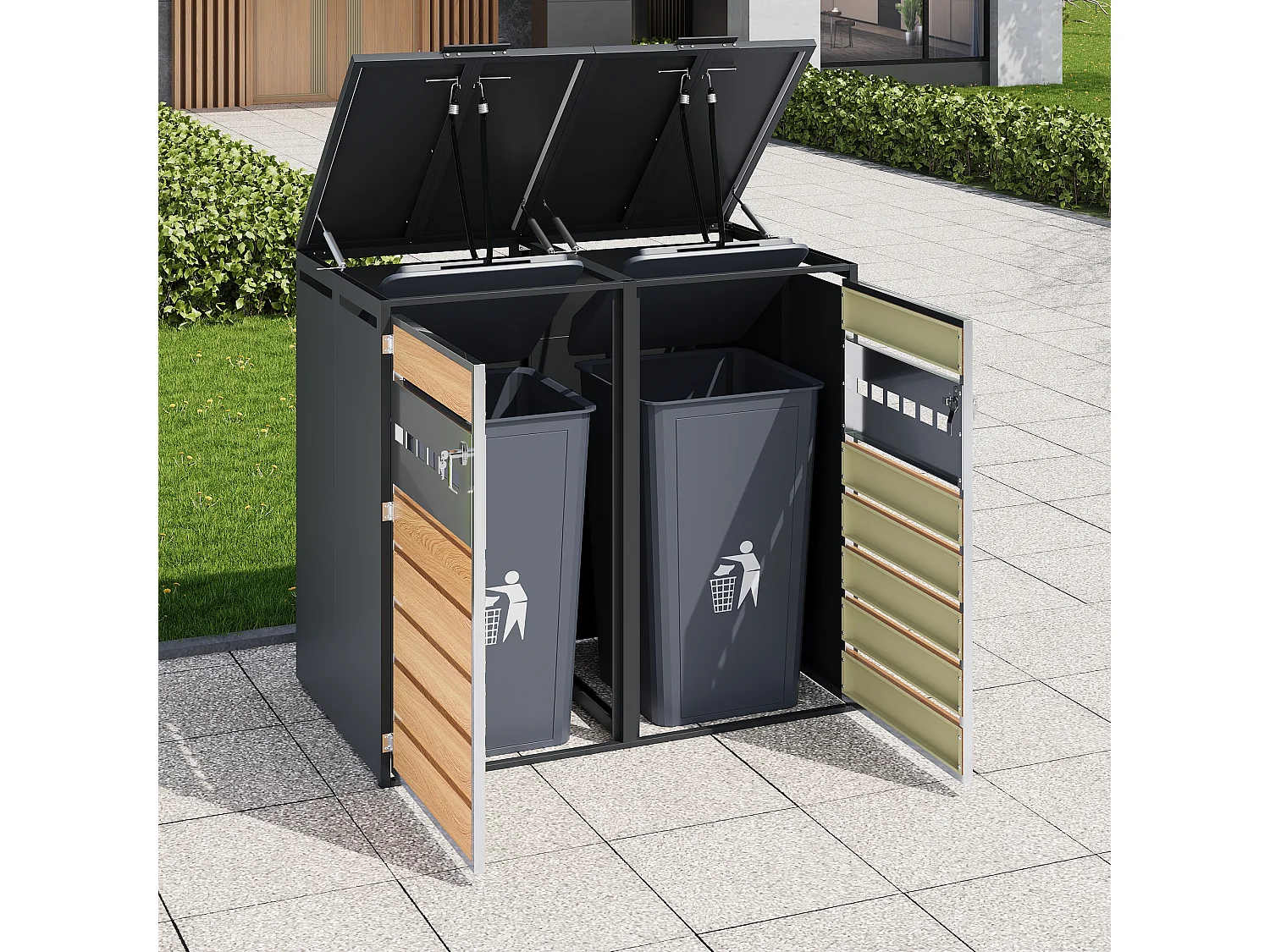 Opbergkast voor 2 tuinvuilnisbakken - 132 x 80 x 118,5 cm - met scharnierend deksel + vergrendelbaar + 2 deuren - metaal - grijs + natuur