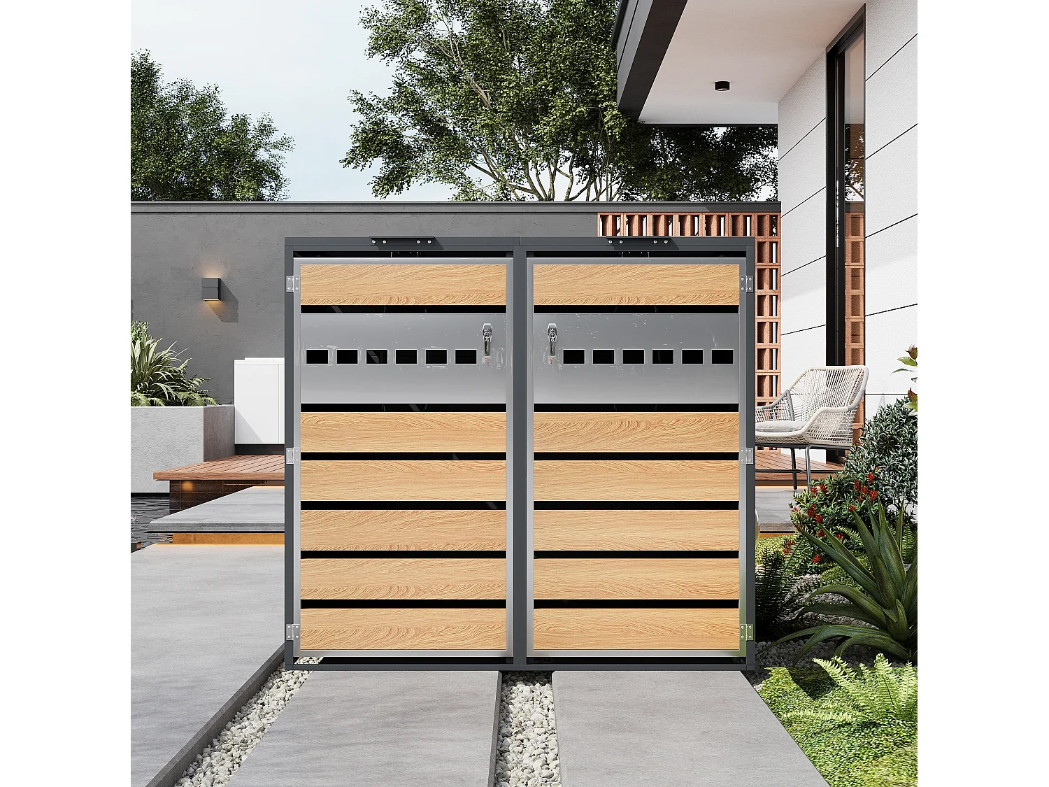 Opbergkast voor 2 tuinvuilnisbakken - 132 x 80 x 118,5 cm - met scharnierend deksel + vergrendelbaar + 2 deuren - metaal - grijs + natuur