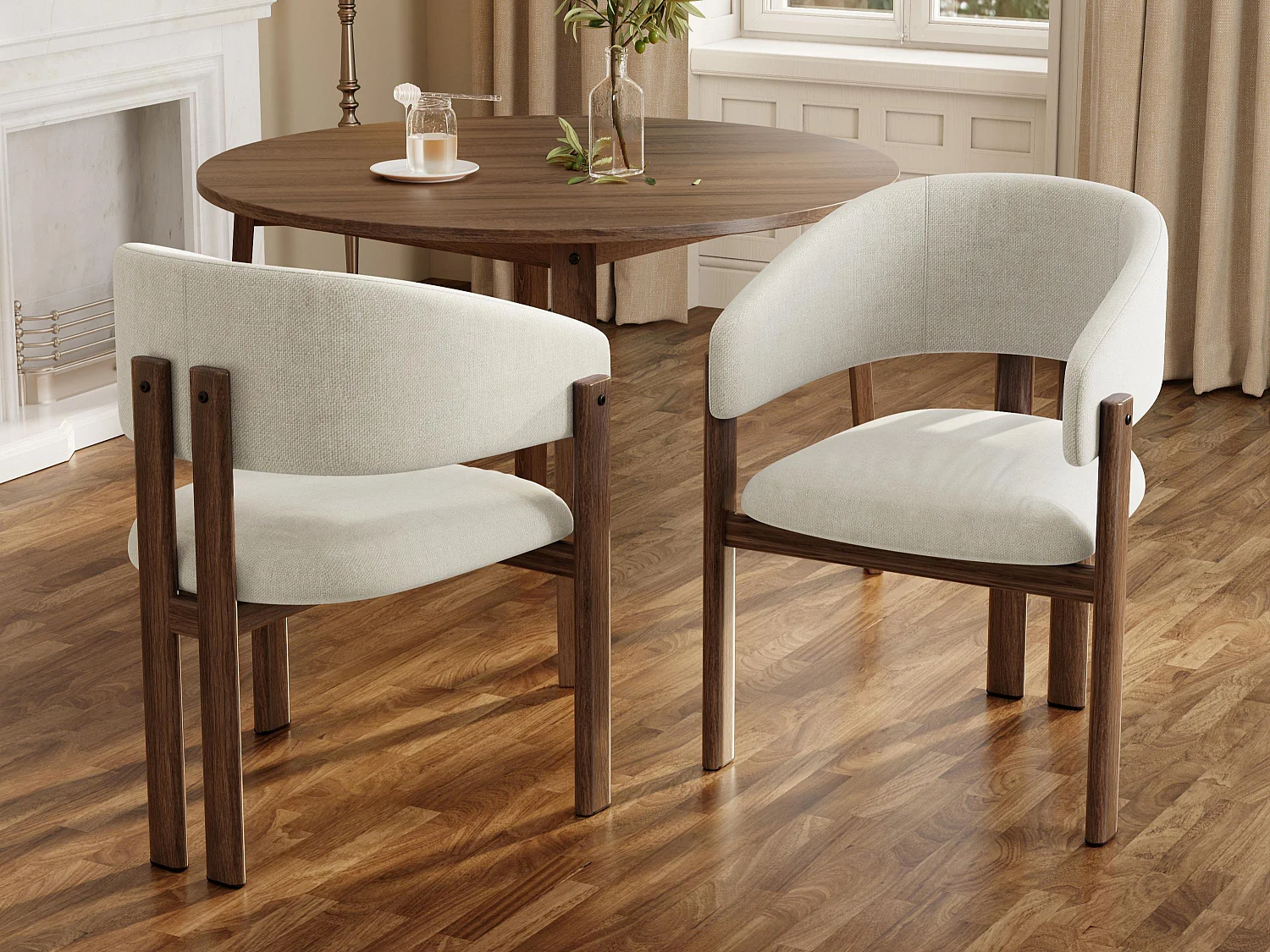Set van 2 metalen stoelen in houtlook - Met armleuningen - Metalen frame - Linnen stof beige - Bruin
