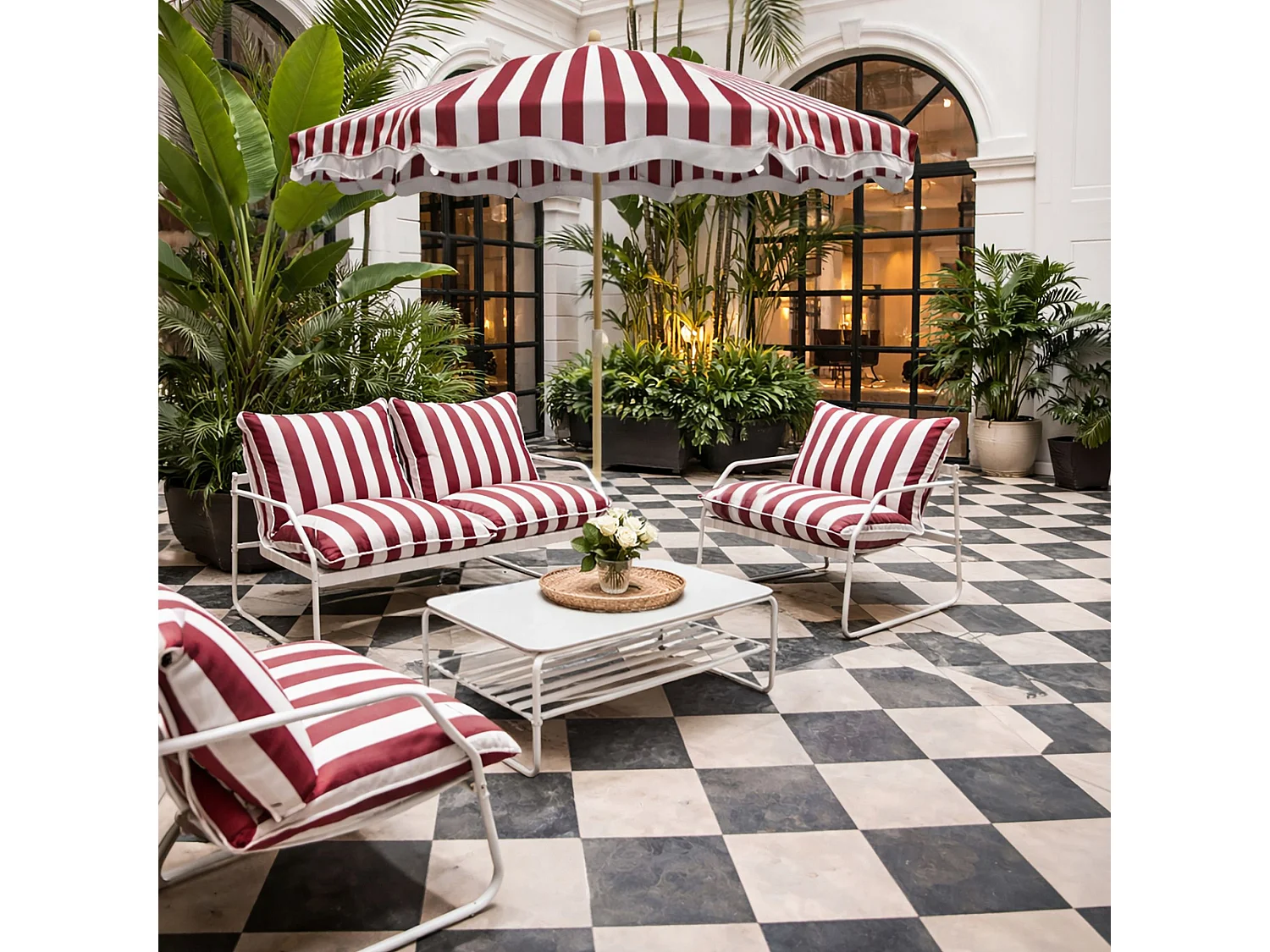 Now's Home - Salon Jardin Acier Blanc Tissus Blanc/ Coquelicot Avec Table Basse Luigi