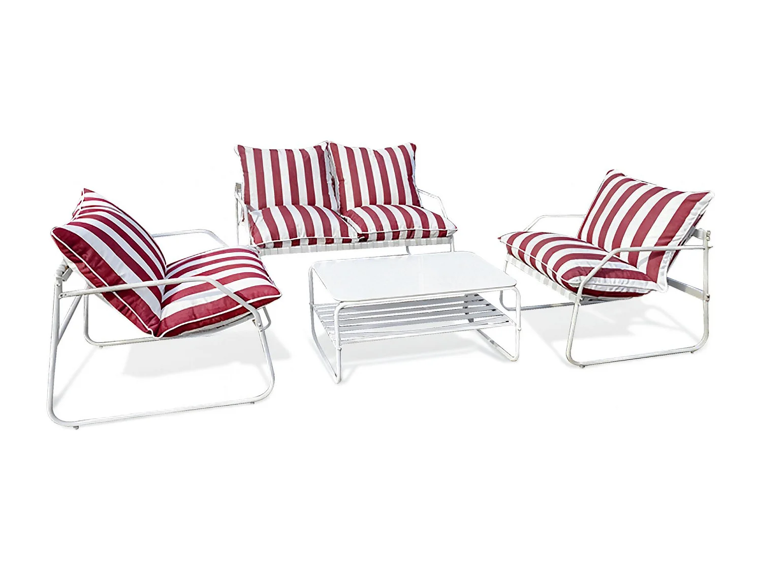 Now's Home - Salon Jardin Acier Blanc Tissus Blanc/ Coquelicot Avec Table Basse Luigi