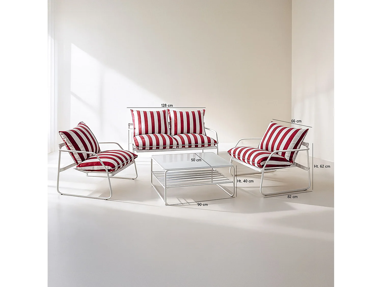 Now's Home - Salon Jardin Acier Blanc Tissus Blanc/ Coquelicot Avec Table Basse Luigi