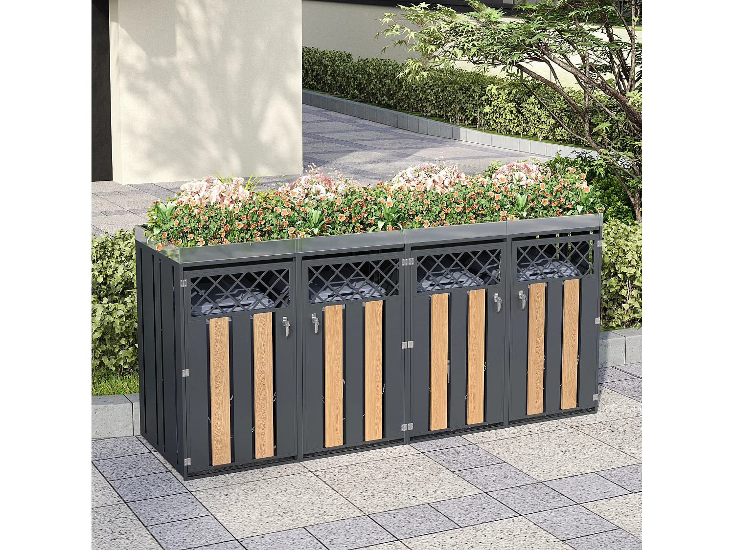 Vuilnisbakkenhuis met ventilatiegaten - 2 x 132 x 80 x 124,5 cm - met 4 deuren - metaal - grijs