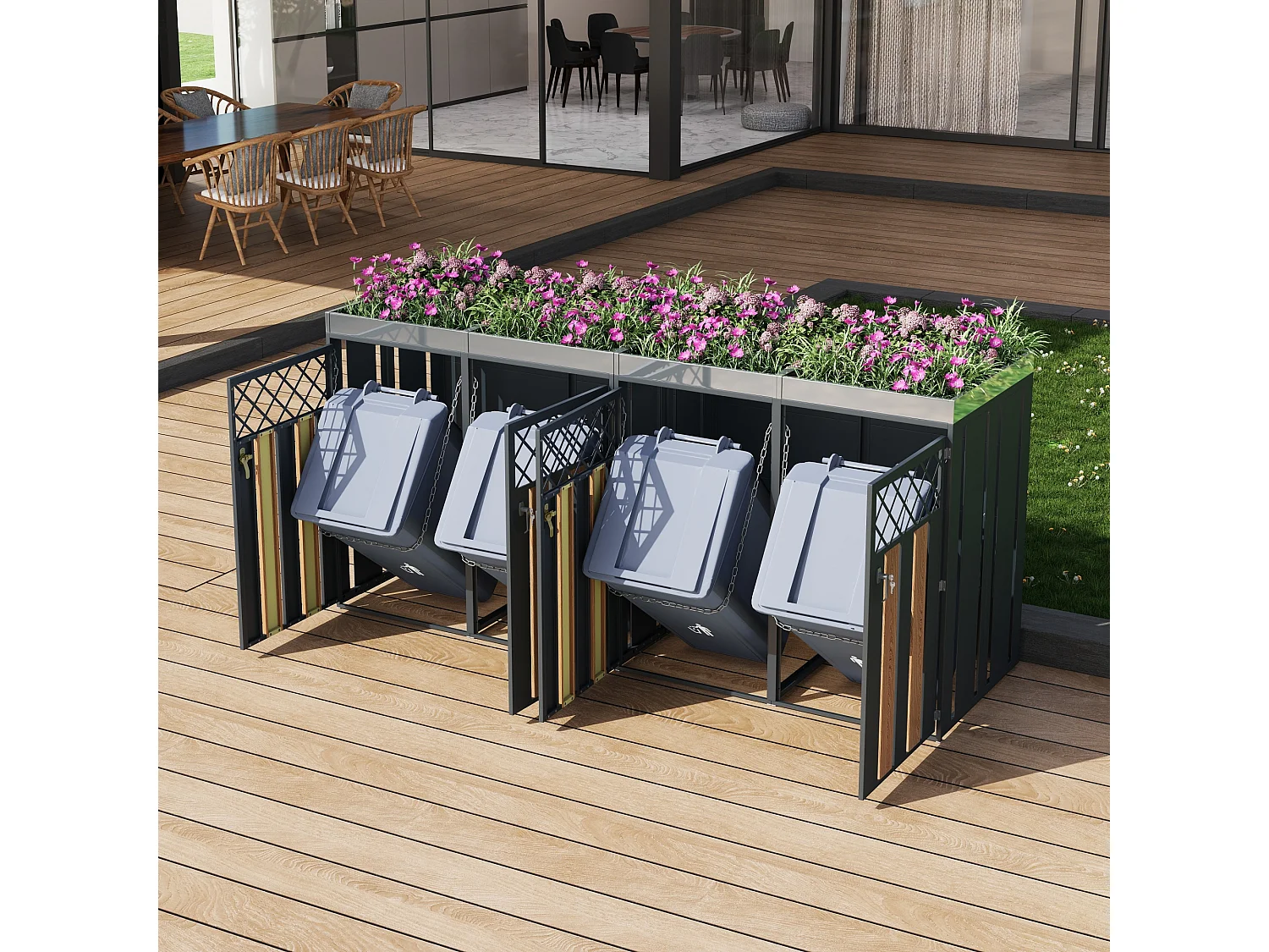 Vuilnisbakkenhuis met ventilatiegaten - 2 x 132 x 80 x 124,5 cm - met 4 deuren - metaal - grijs