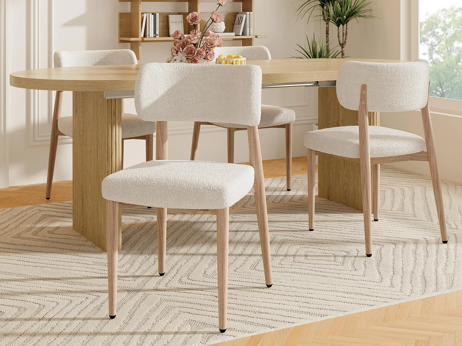 Satz mit 4 Metall-Stühlen - Holzoptik - Bouclé-Stoff beige - Weiches Sitzkissen - Natur