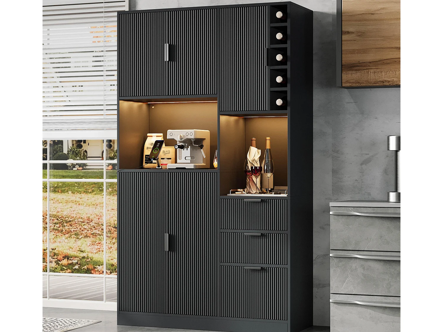 Buffet de cuisine moderne 105x40x180cm - avec éclairage LED et prise - avec 3 tiroirs et un casier à vin - Noir