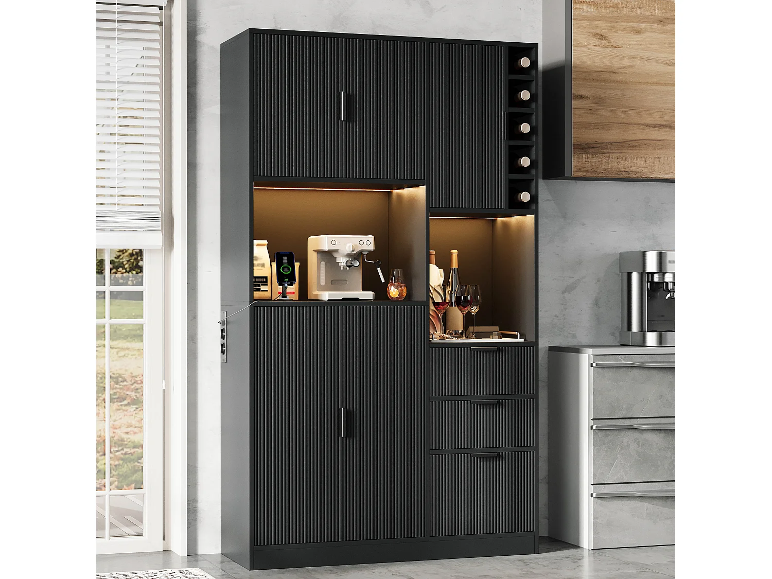 Buffet de cuisine moderne 105x40x180cm - avec éclairage LED et prise - avec 3 tiroirs et un casier à vin - Noir