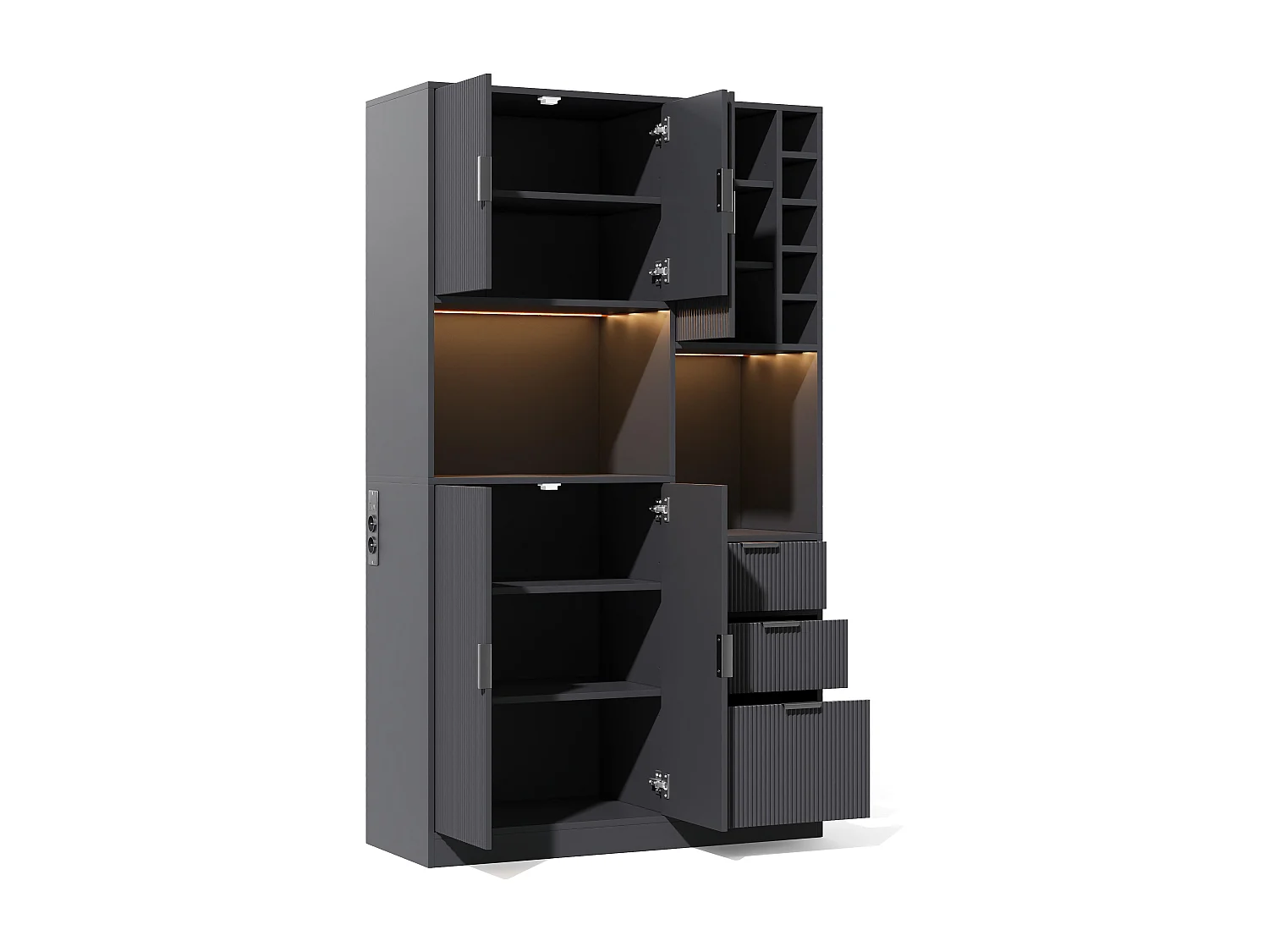 Buffet de cuisine moderne 105x40x180cm - avec éclairage LED et prise - avec 3 tiroirs et un casier à vin - Noir