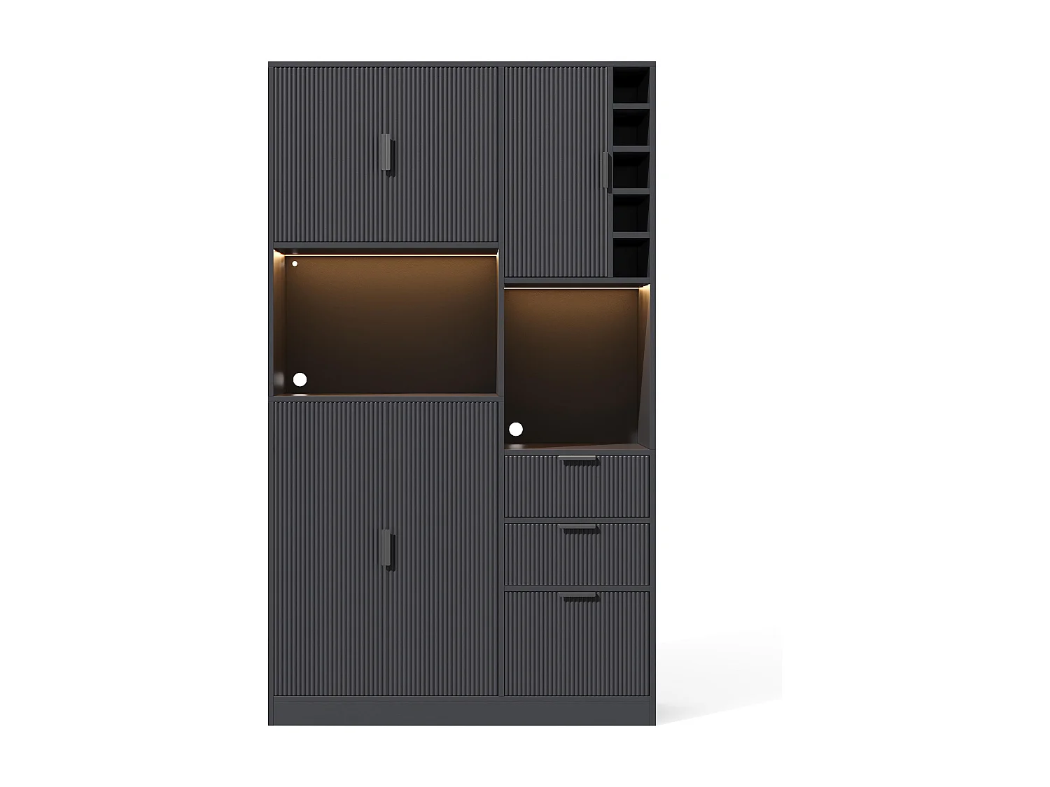 Buffet de cuisine moderne 105x40x180cm - avec éclairage LED et prise - avec 3 tiroirs et un casier à vin - Noir