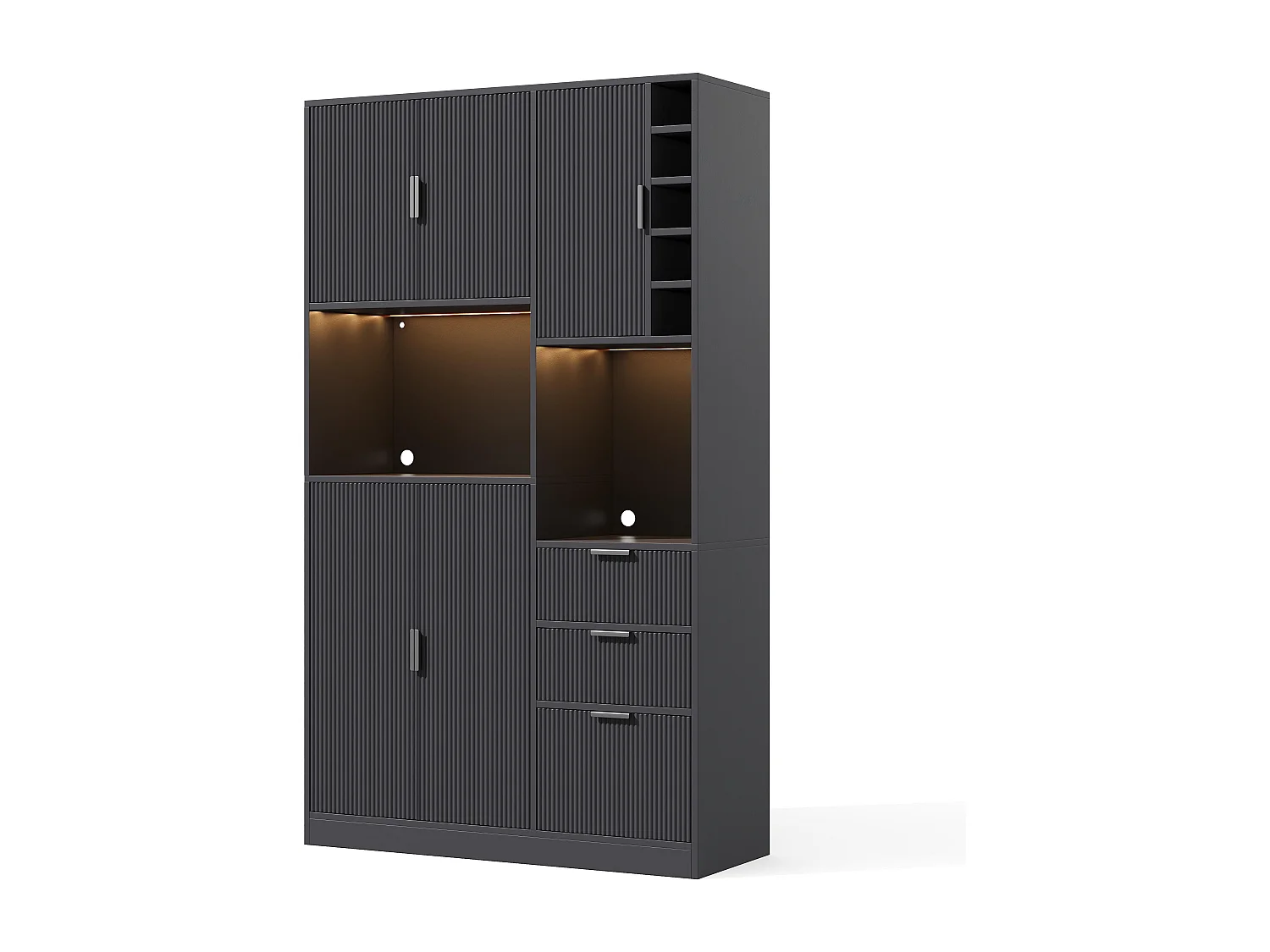 Buffet de cuisine moderne 105x40x180cm - avec éclairage LED et prise - avec 3 tiroirs et un casier à vin - Noir