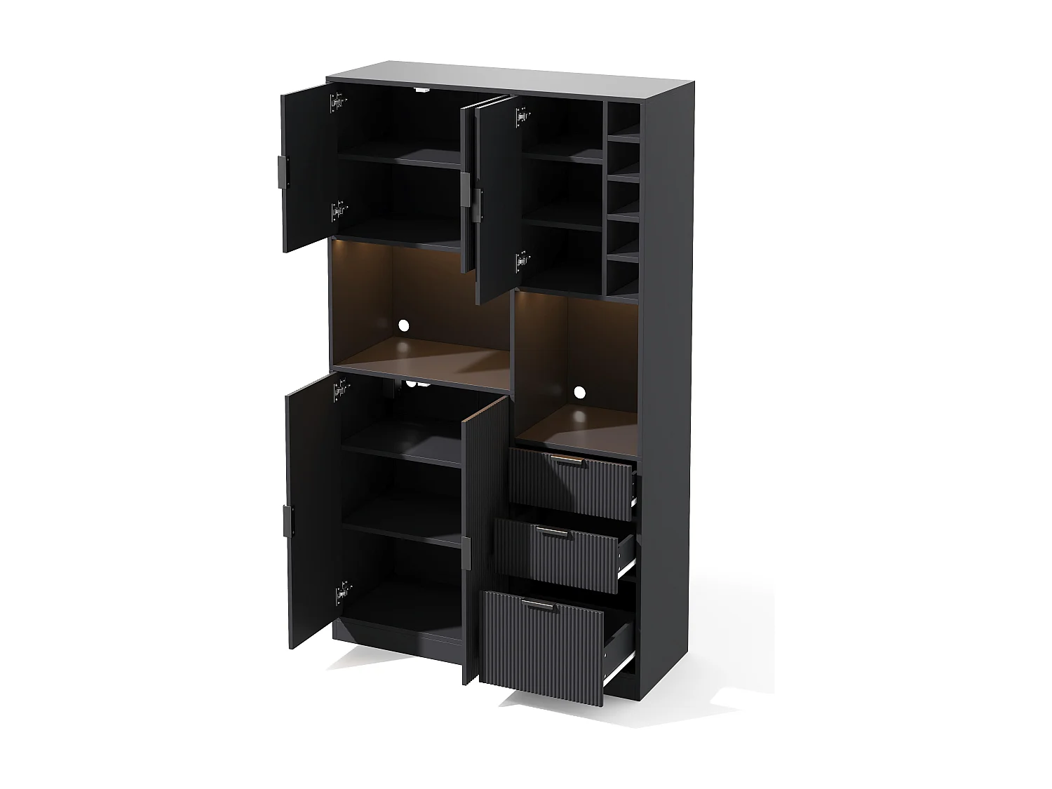 Buffet de cuisine moderne 105x40x180cm - avec éclairage LED et prise - avec 3 tiroirs et un casier à vin - Noir