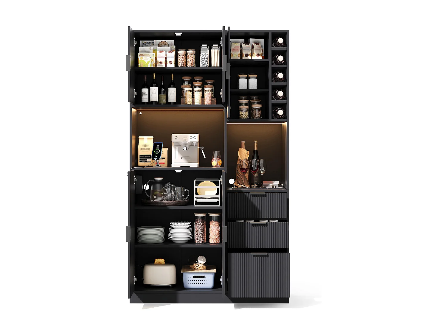 Buffet de cuisine moderne 105x40x180cm - avec éclairage LED et prise - avec 3 tiroirs et un casier à vin - Noir