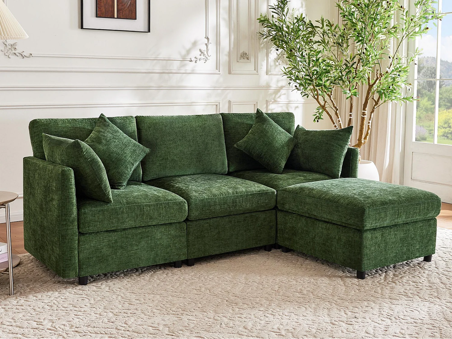 Sofá de esquina en L - tres plazas - con puf extraíble - con 4 cojines - tela de chenilla - verde