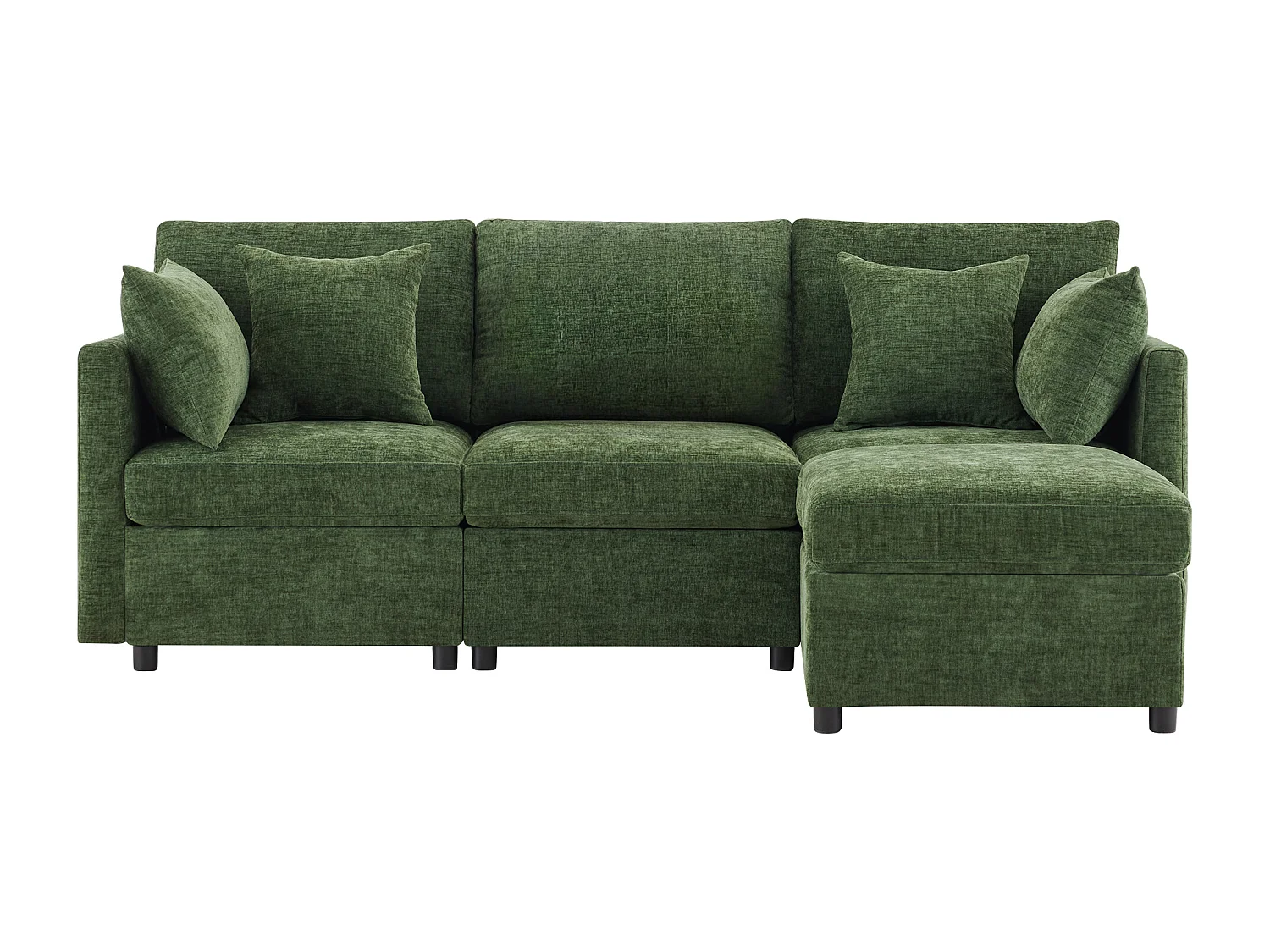 Sofá de esquina en L - tres plazas - con puf extraíble - con 4 cojines - tela de chenilla - verde