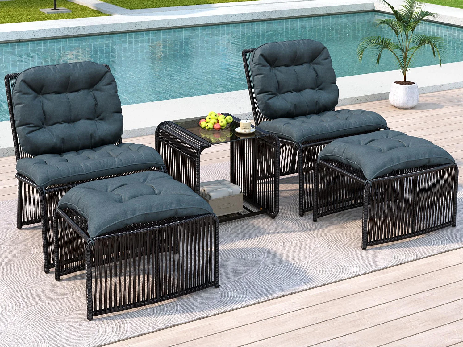 Conjunto de jardín informal 5 piezas - incluye 1 mesa, 2 sillas y 2 taburetes - con cojines y un tablero de vidrio - Gris