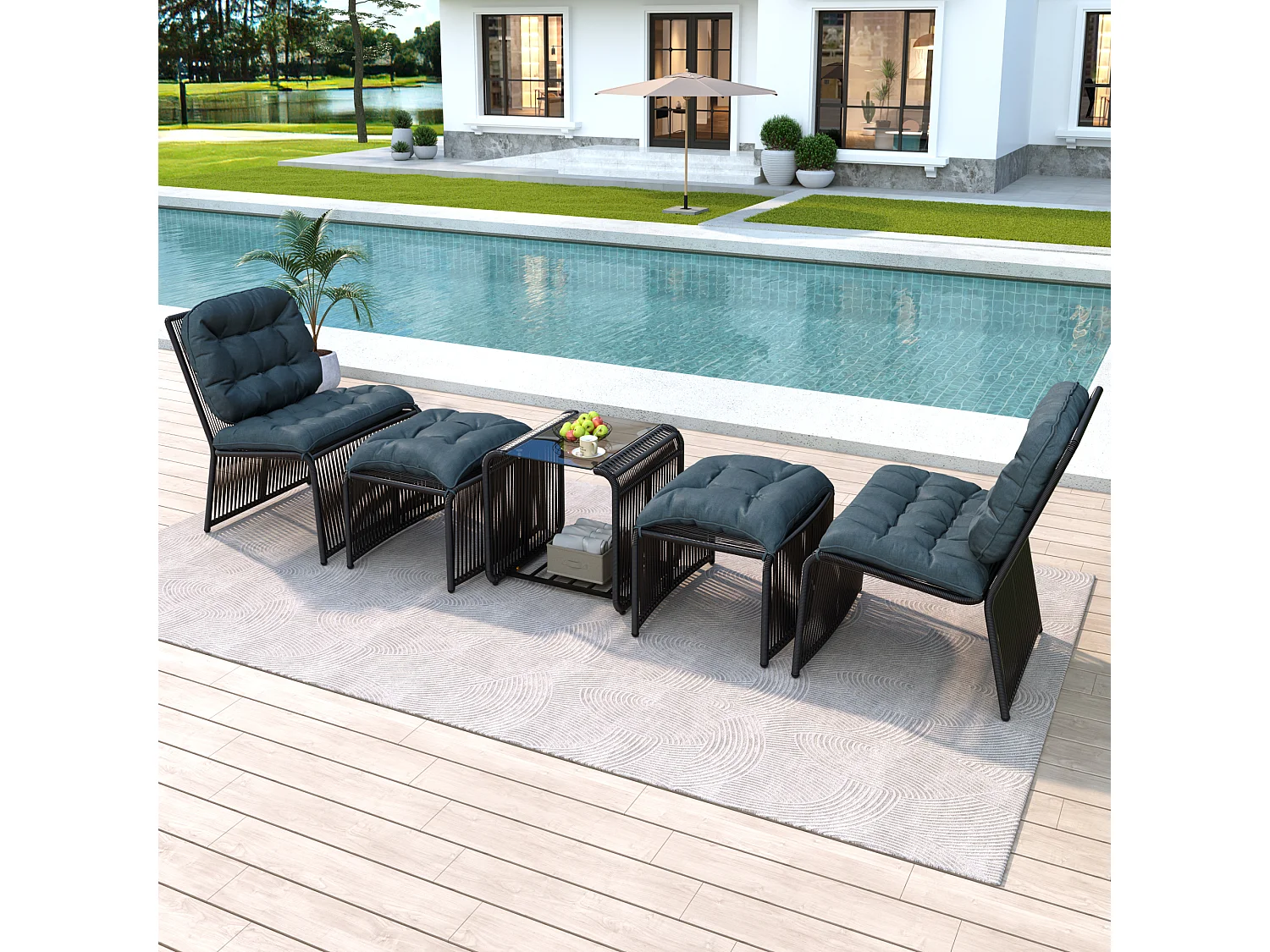 Conjunto de jardín informal 5 piezas - incluye 1 mesa, 2 sillas y 2 taburetes - con cojines y un tablero de vidrio - Gris