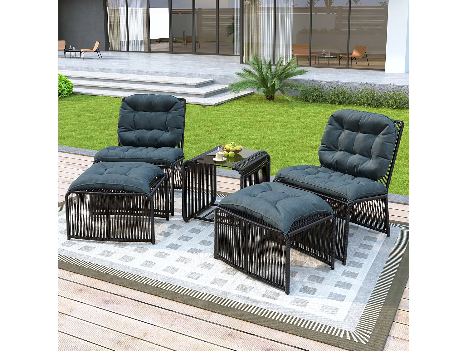 Conjunto de jardín informal 5 piezas - incluye 1 mesa, 2 sillas y 2 taburetes - con cojines y un tablero de vidrio - Gris