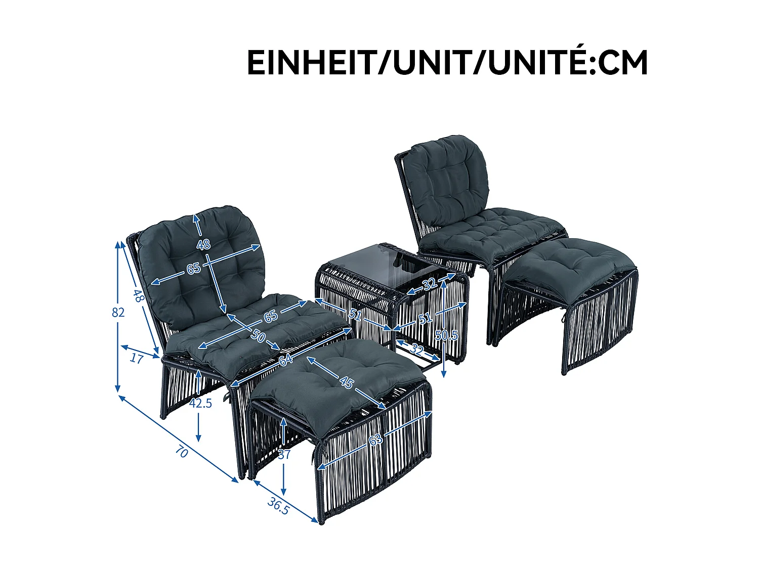 Conjunto de jardín informal 5 piezas - incluye 1 mesa, 2 sillas y 2 taburetes - con cojines y un tablero de vidrio - Gris