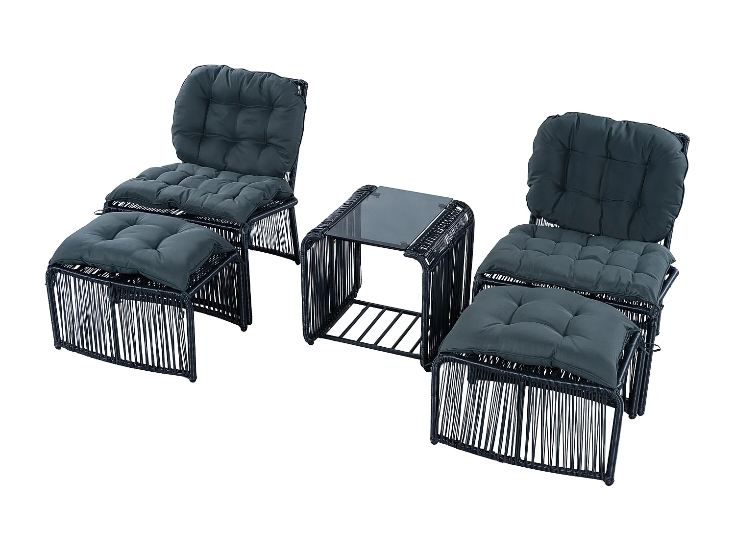 Conjunto de jardín informal 5 piezas - incluye 1 mesa, 2 sillas y 2 taburetes - con cojines y un tablero de vidrio - Gris