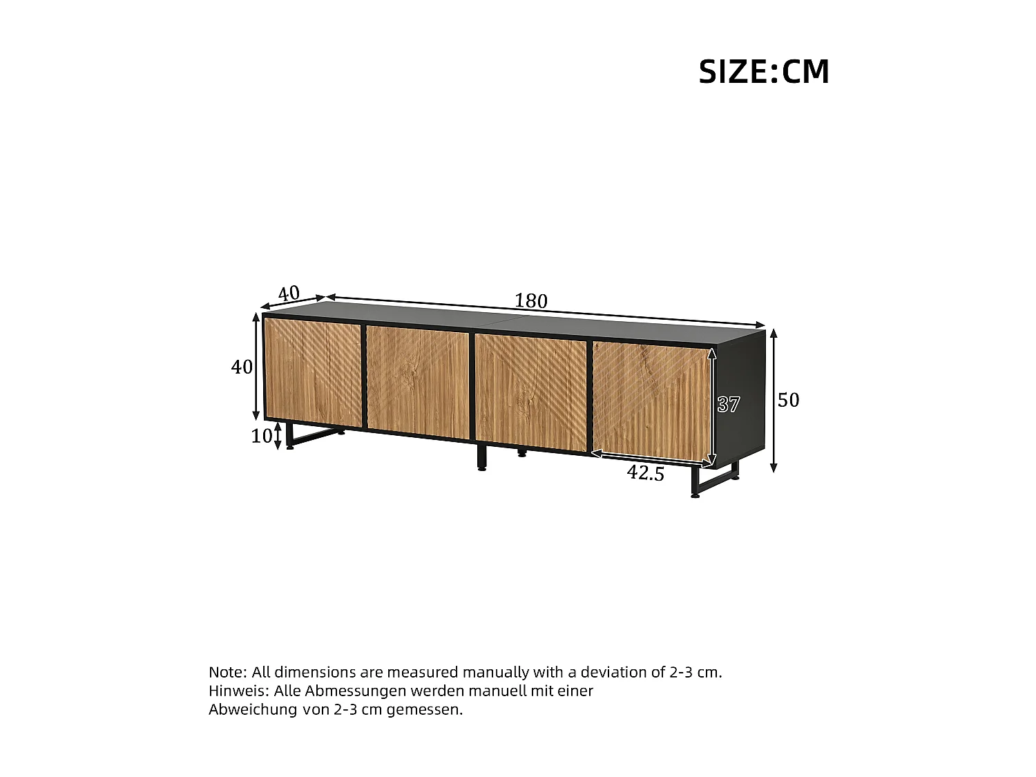 TV-Schrank 180x40x50 cm - 4 Türen - Für Fernseher bis 80 Zoll - Metallfüße - Natur + schwarz