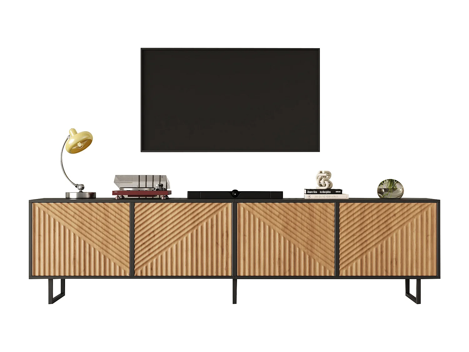 TV-Schrank 180x40x50 cm - 4 Türen - Für Fernseher bis 80 Zoll - Metallfüße - Natur + schwarz