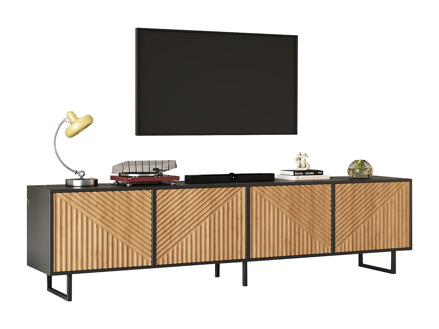 TV-Schrank 180x40x50 cm - 4 Türen - Für Fernseher bis 80 Zoll - Metallfüße - Natur + schwarz