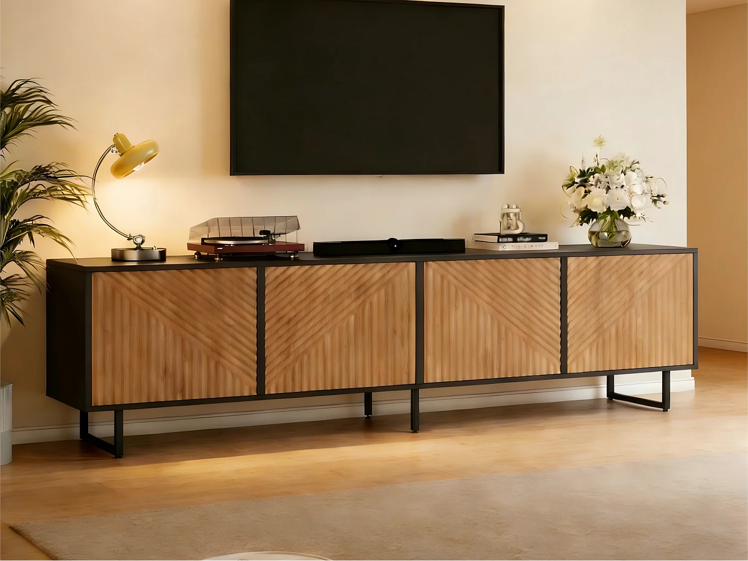 TV-Schrank 180x40x50 cm - 4 Türen - Für Fernseher bis 80 Zoll - Metallfüße - Natur + schwarz