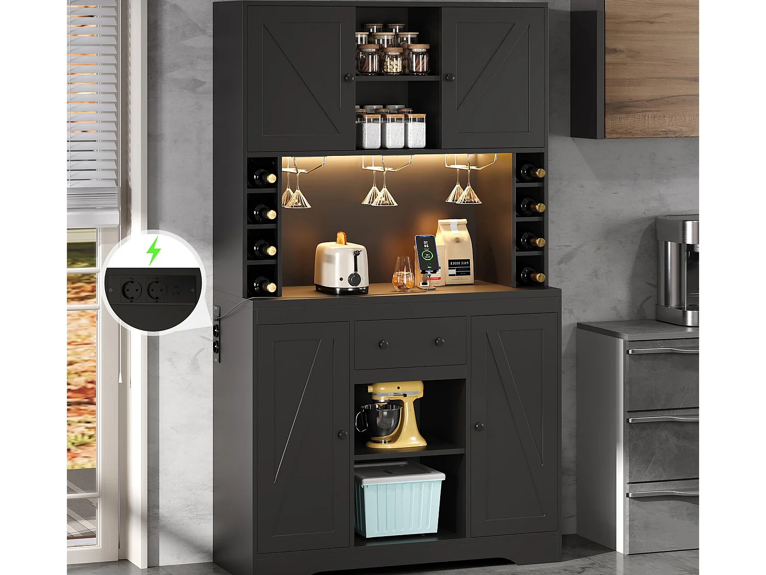 Buffet de cuisine moderne 105x40x185cm - avec éclairage LED et prise - Avec porte-verres à vin et compartiment - avec 4 portes et 1 tiroir - Noir