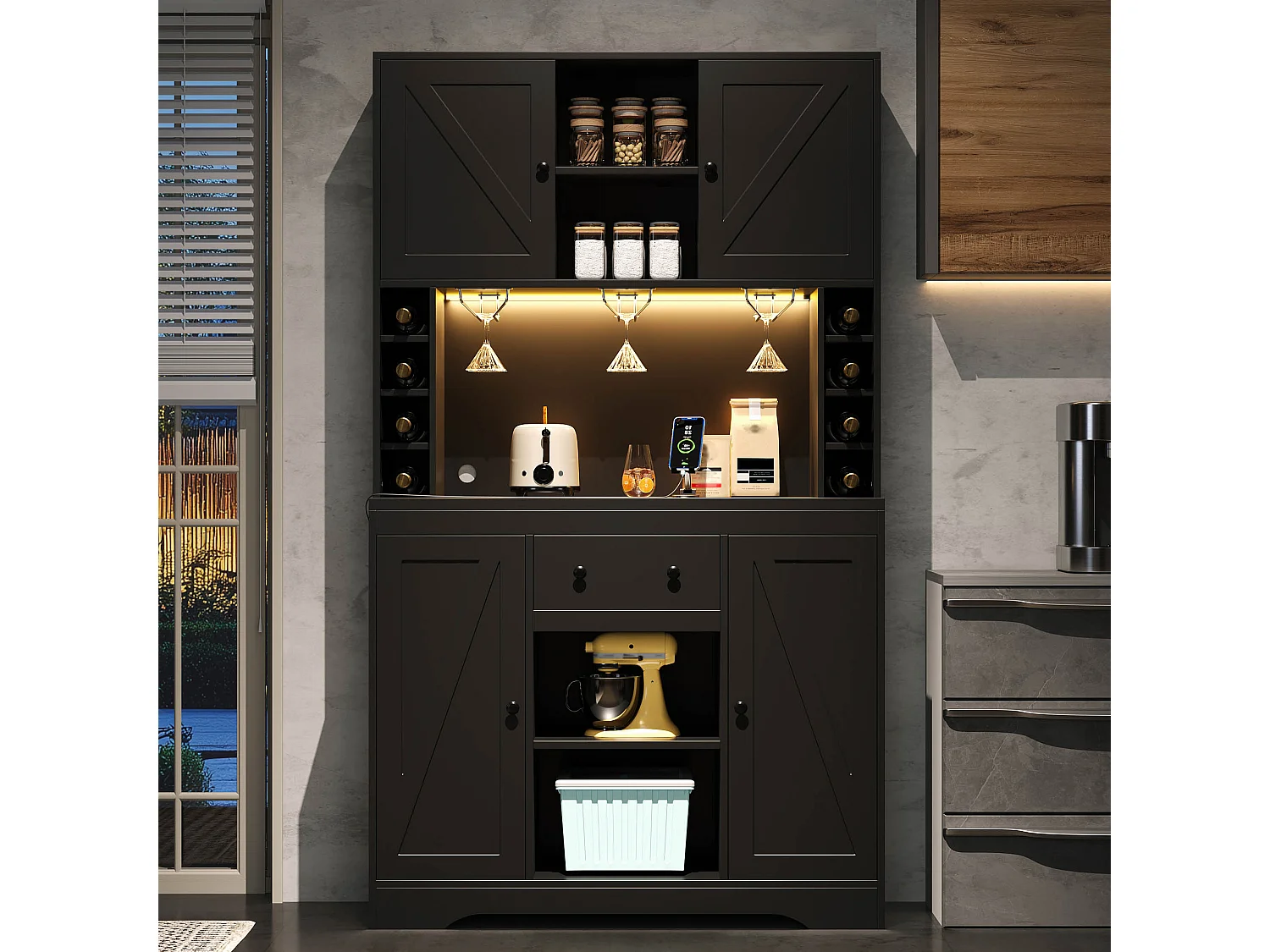 Buffet de cuisine moderne 105x40x185cm - avec éclairage LED et prise - Avec porte-verres à vin et compartiment - avec 4 portes et 1 tiroir - Noir