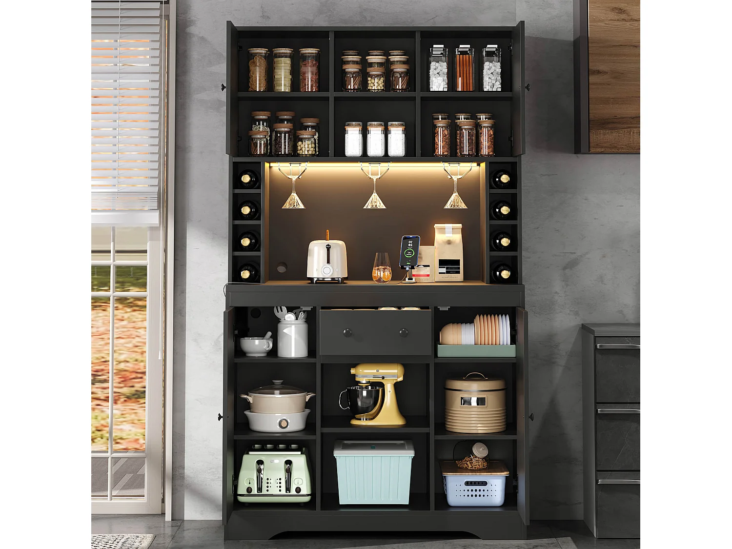 Buffet de cuisine moderne 105x40x185cm - avec éclairage LED et prise - Avec porte-verres à vin et compartiment - avec 4 portes et 1 tiroir - Noir