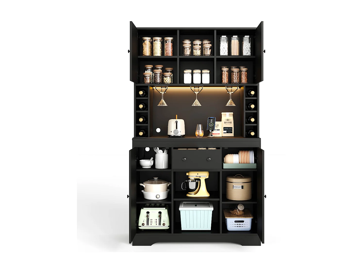 Buffet de cuisine moderne 105x40x185cm - avec éclairage LED et prise - Avec porte-verres à vin et compartiment - avec 4 portes et 1 tiroir - Noir