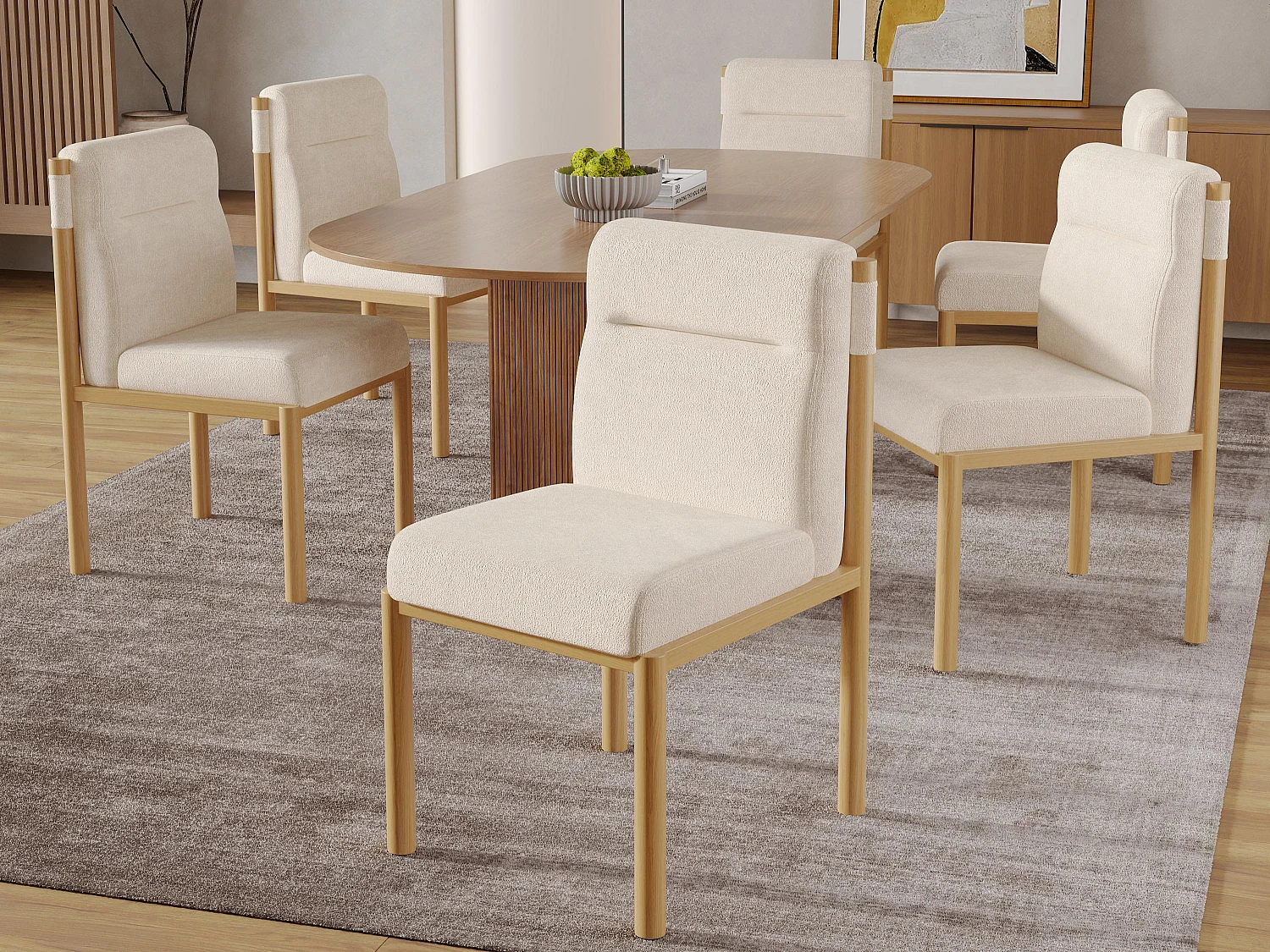 Set van 6 metalen stoelen - Eiken afwerking - Dik zitkussen - weefsel van lamswol - Beige