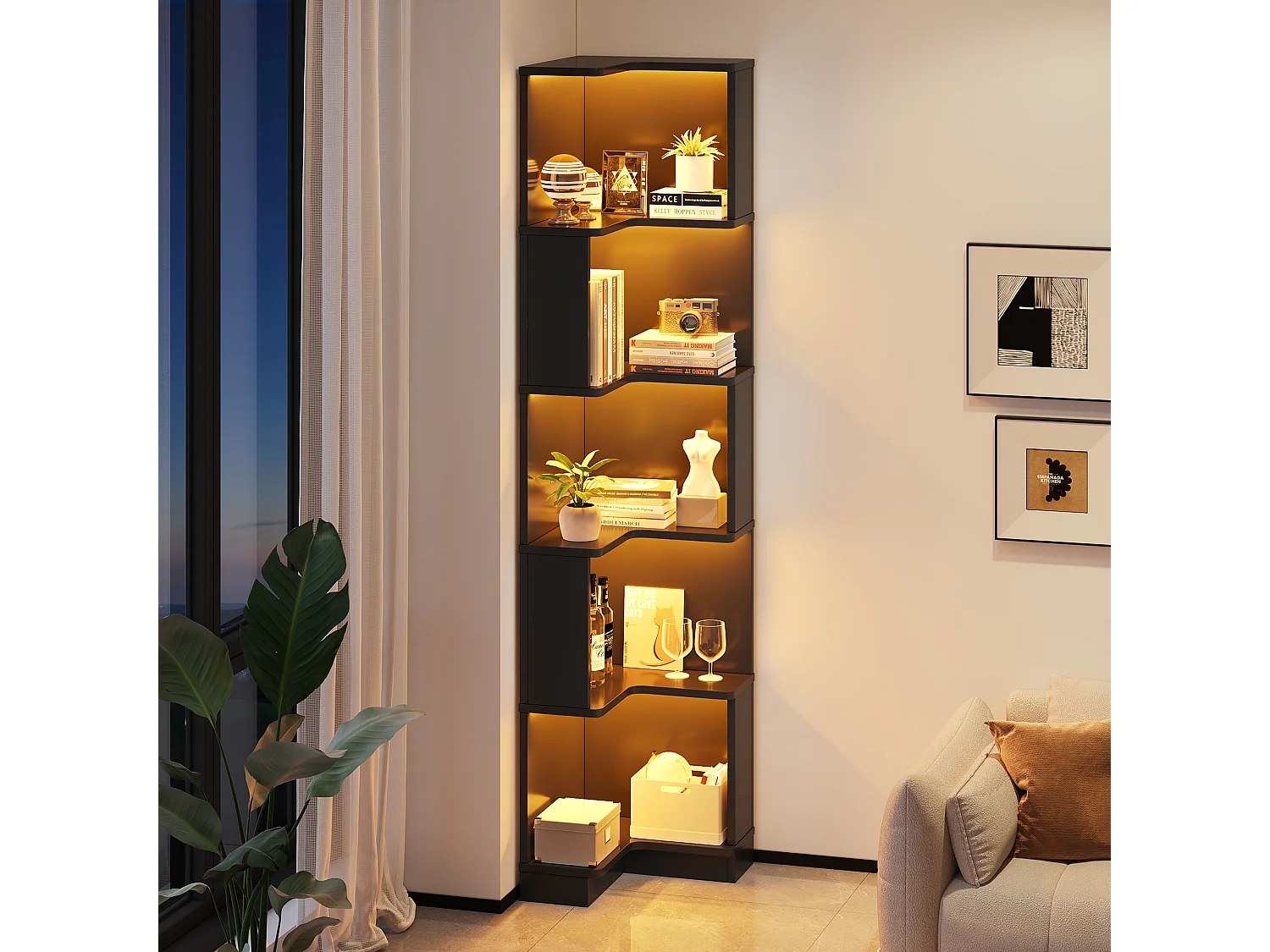 Eckregal 63,5x45x175 cm - L-Form - LED-Beleuchtung - 5 Ebenen Stauraum - MDF - Schwarz