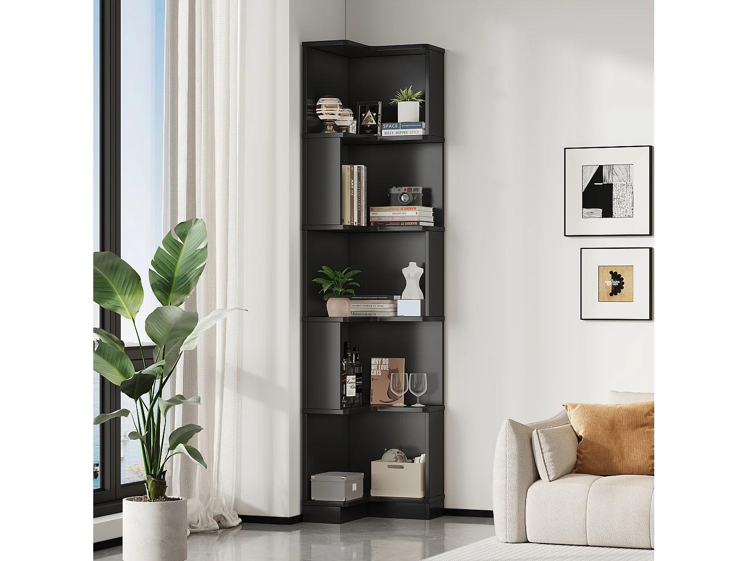 Eckregal 63,5x45x175 cm - L-Form - LED-Beleuchtung - 5 Ebenen Stauraum - MDF - Schwarz