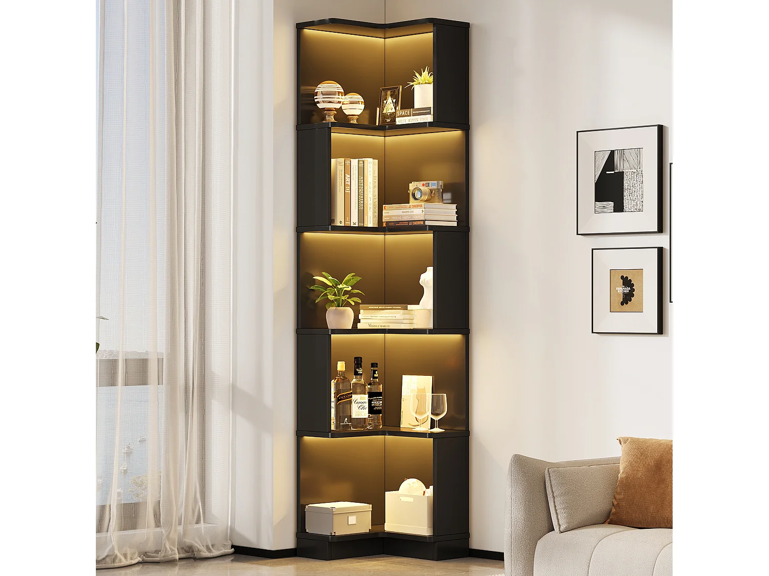 Eckregal 63,5x45x175 cm - L-Form - LED-Beleuchtung - 5 Ebenen Stauraum - MDF - Schwarz